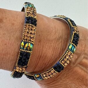 Anthropologie Gold sapphire Blue Crystal Rhinestone Beaded Boho Bangle Bracelets